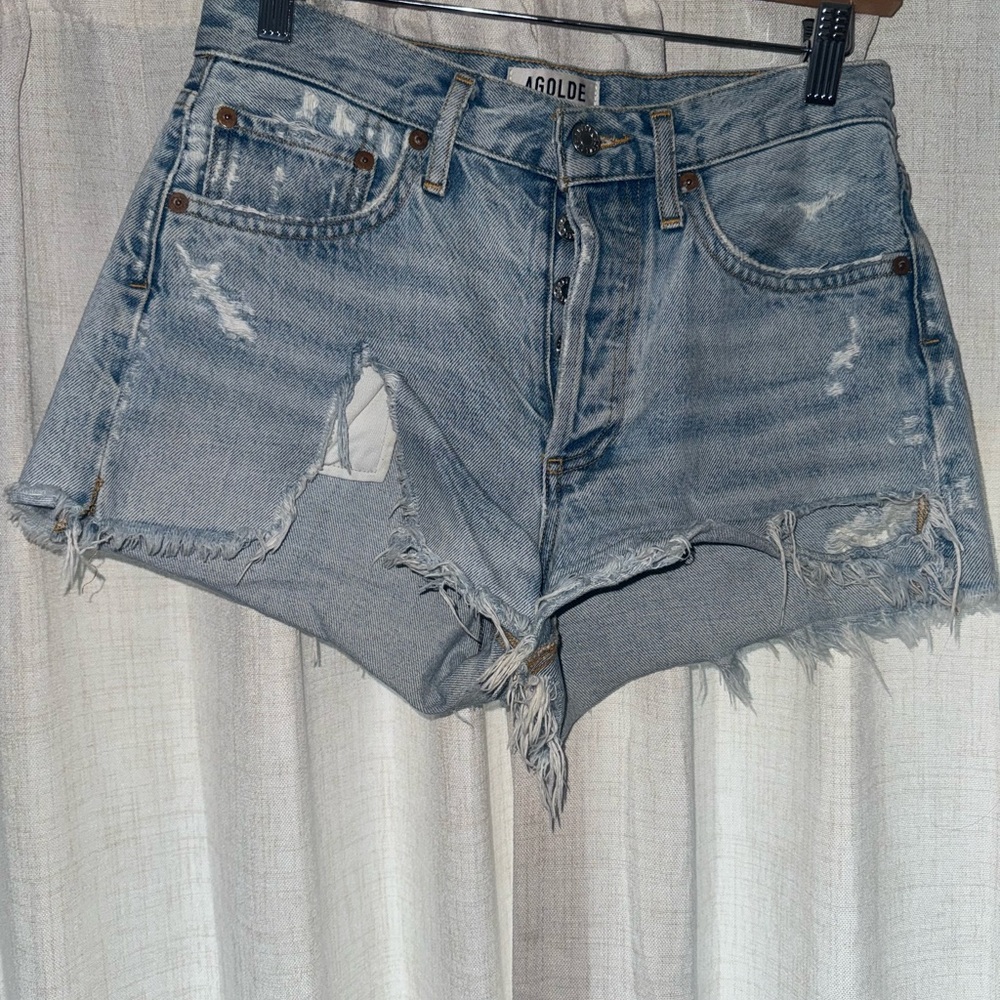Agolde Light Blue Distressed Jean Shorts